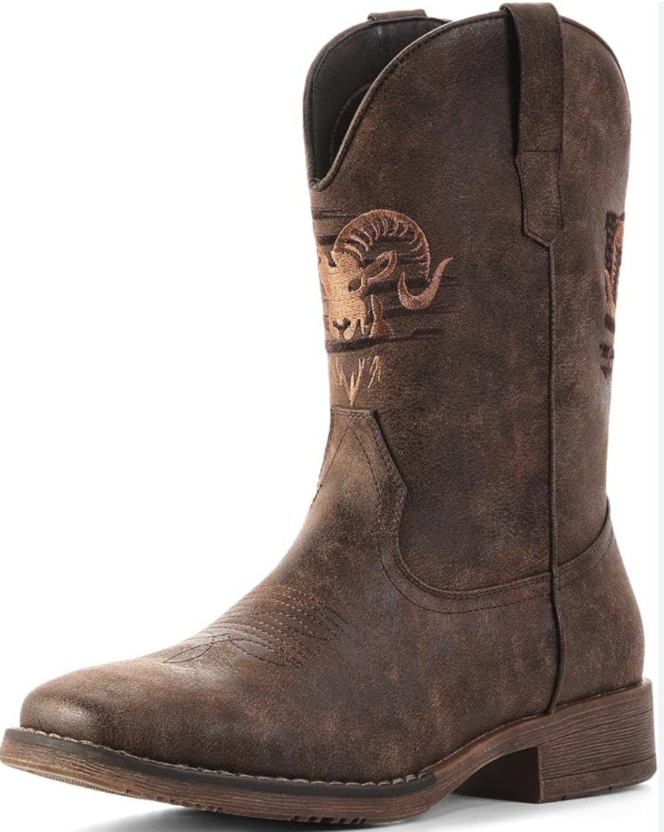 Distressed brown cowboy boot with embroidered ram skull design on the shaft, square toe, and stacked heel